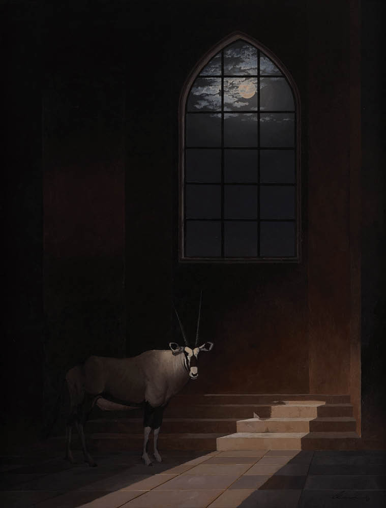 A painting of a deer standing in front of a window. Description generated by AI