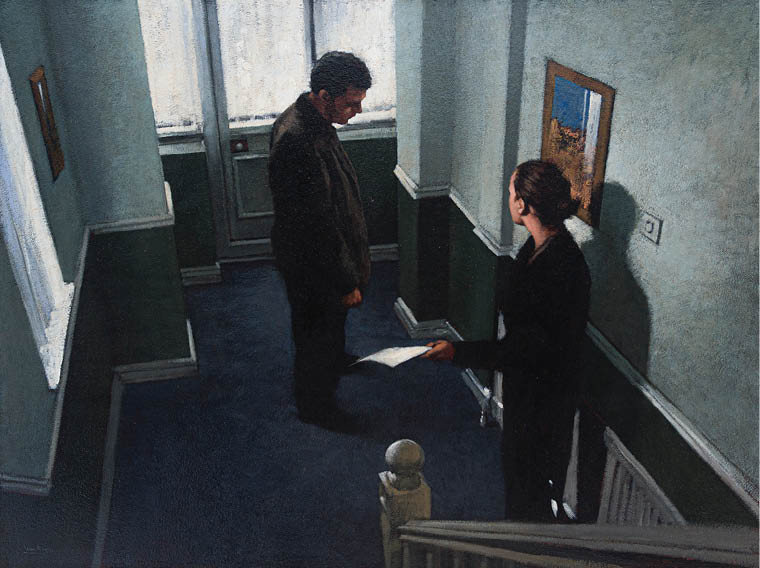 A man and a woman standing in a hallway. Description generated by AI