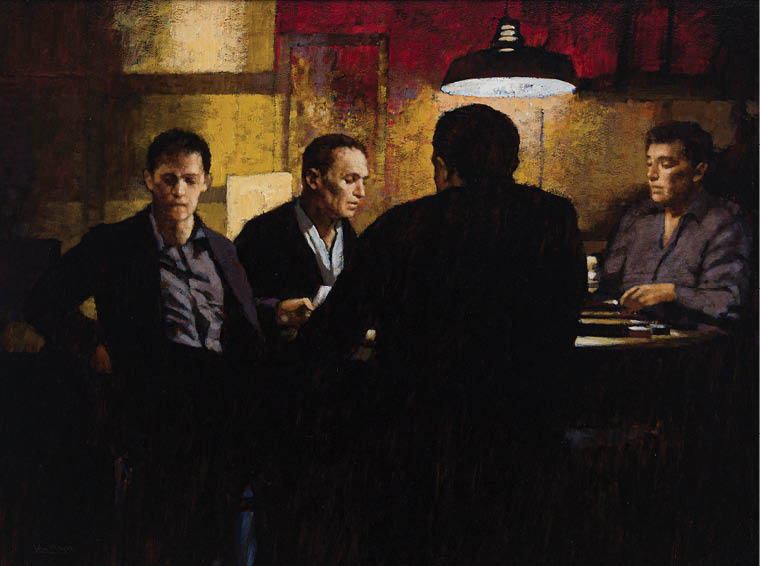 A painting of a group of men sitting around a table. Description generated by AI