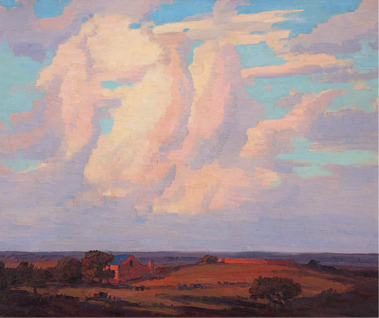 A painting of a cloudy sky with a house in the foreground. Description generated by AI