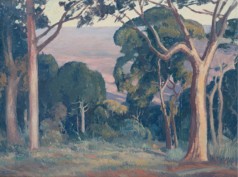 A painting of a forest with trees and a mountain in the background. Description generated by AI