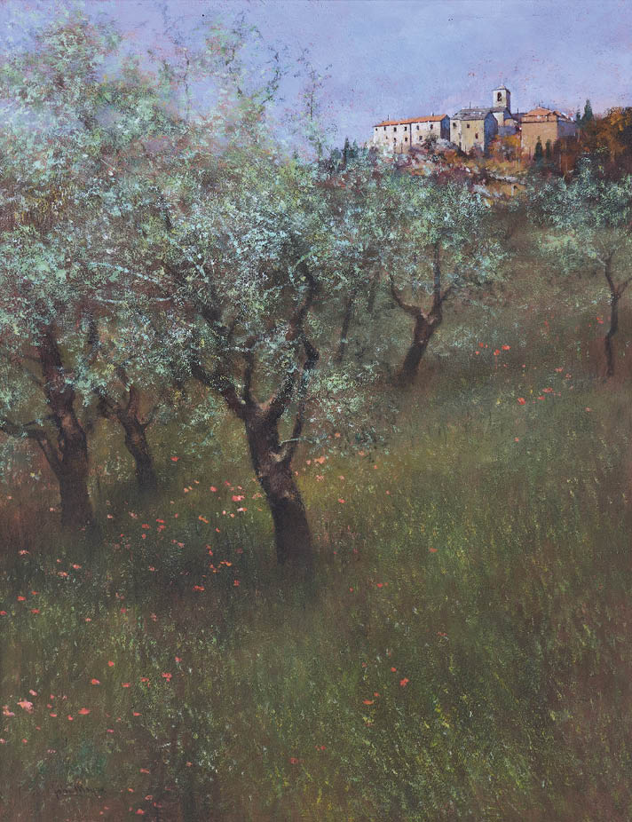 A painting of a hillside with trees and flowers. Description generated by AI