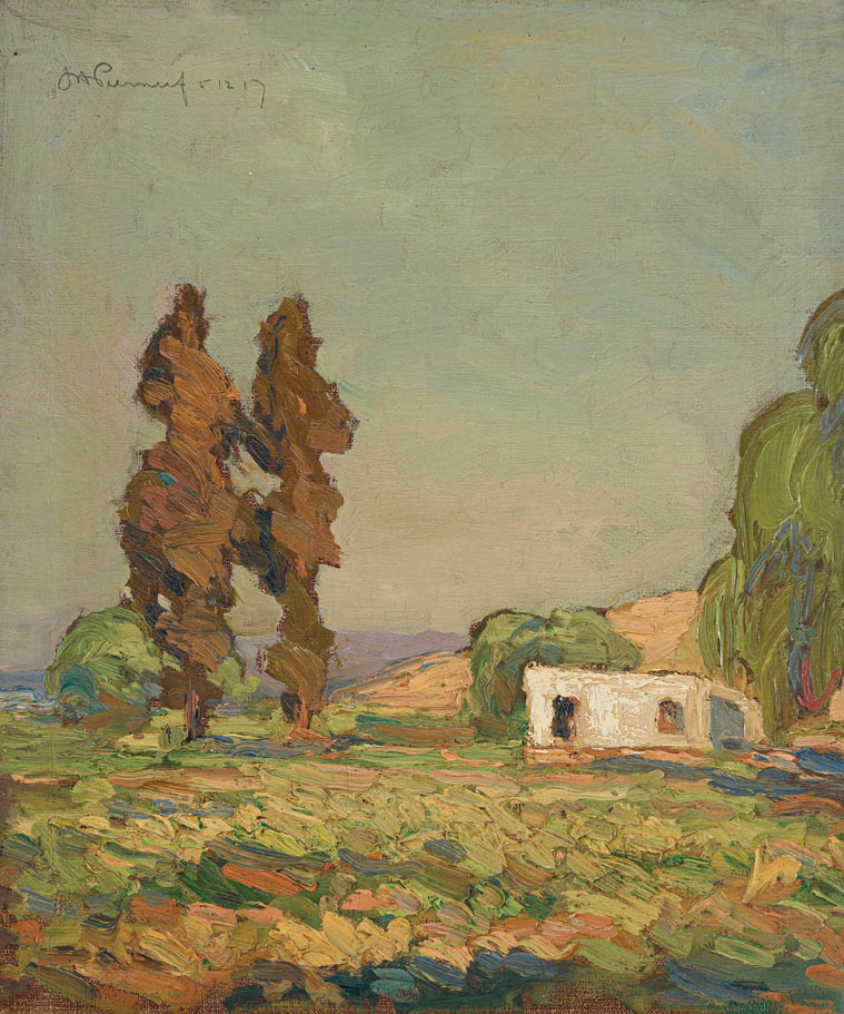 Two trees in a field with a small building in the background. Description generated by AI