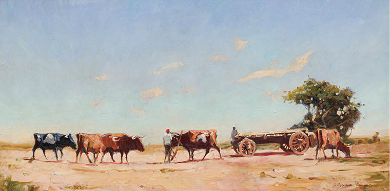 A painting of a man driving a wagon with cows in the background. Description generated by AI