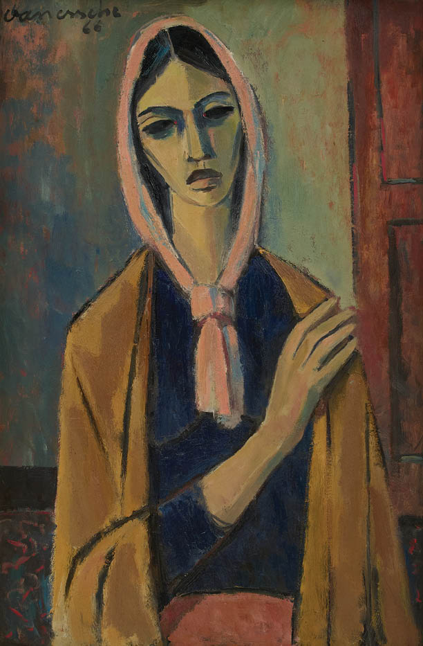 A woman wearing a blue and pink scarf. Description generated by AI