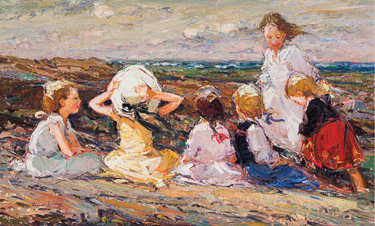A group of children sitting on a rocky beach. Description generated by AI