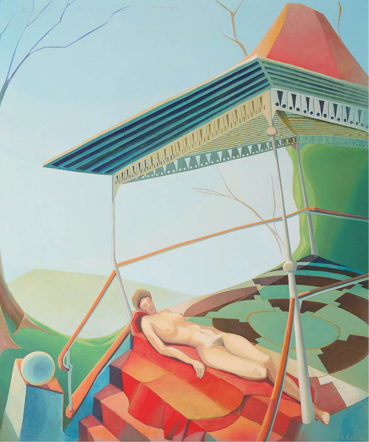 A person is laying on a red blanket under a blue umbrella. Description generated by AI
