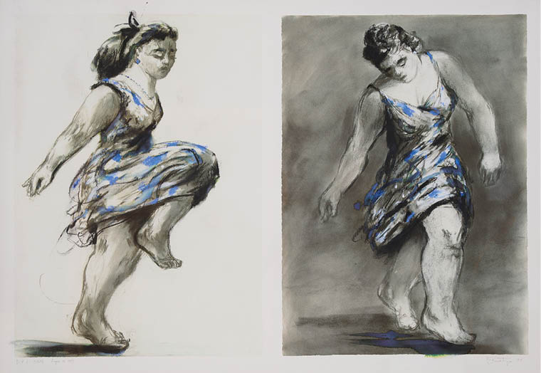 A woman in a blue dress is depicted in two different poses. Description generated by AI