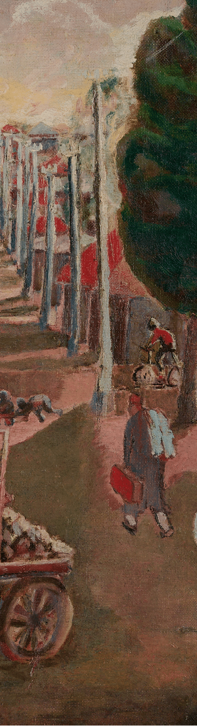 A painting of a street scene with people walking and riding horses. Description generated by AI