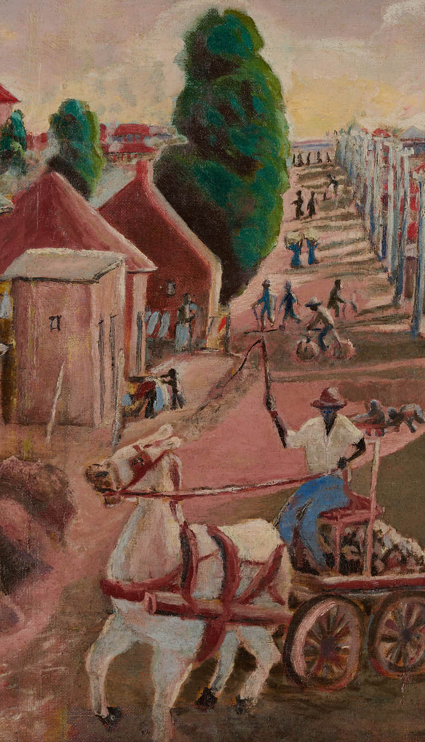 A painting of a street scene with people walking and riding horses. Description generated by AI