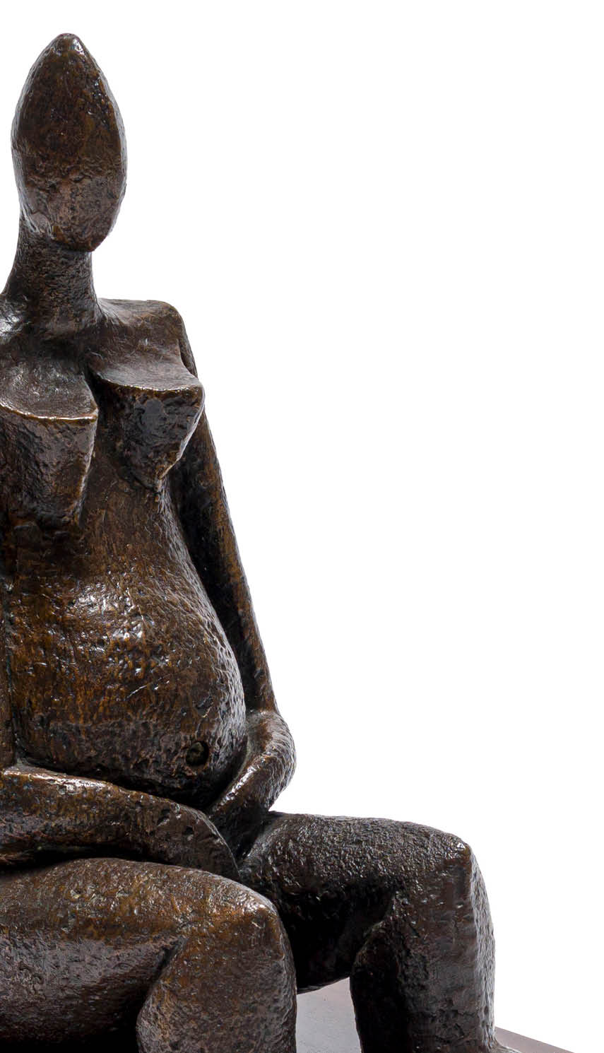 A statue of a woman sitting on a wooden base. Description generated by AI