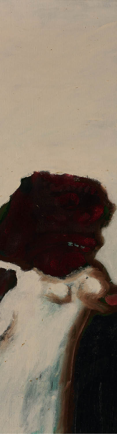 A painting of a person with a red face. Description generated by AI
