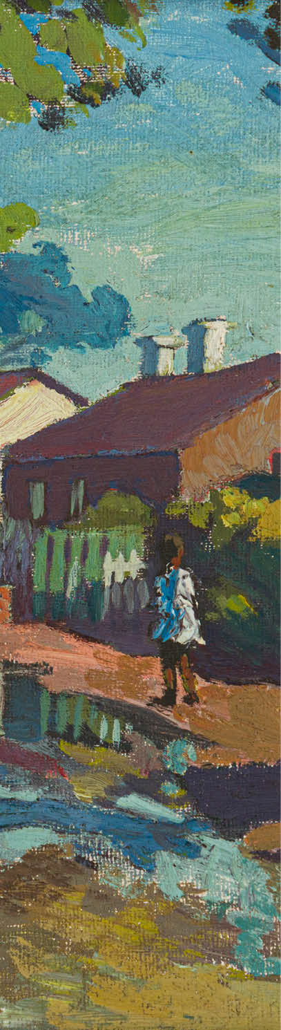 A painting of a street with a woman walking. Description generated by AI