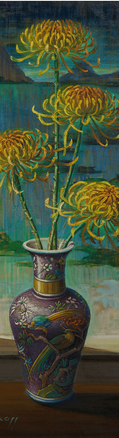 A vase with yellow flowers in it. Description generated by AI
