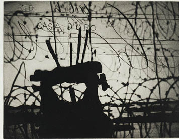 A black and white photo of a fence with a barbed wire on top. Description generated by AI