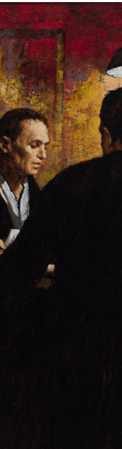 A painting of a group of men sitting around a table. Description generated by AI