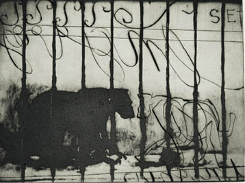 A black and white photo of a fence with a word on it. Description generated by AI