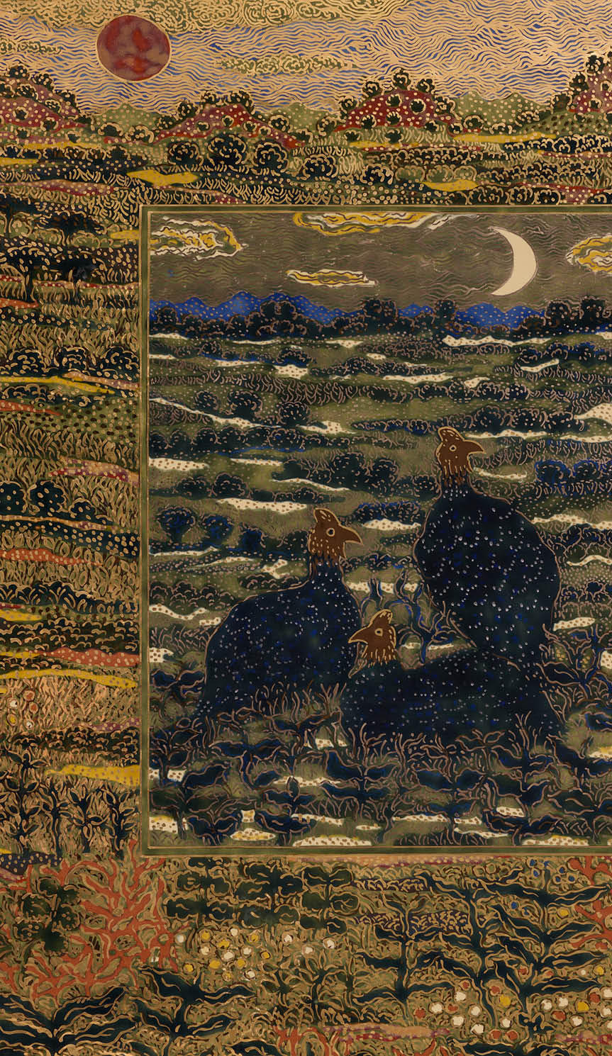 A painting of two people sitting in a field with a moon in the background. Description generated by AI