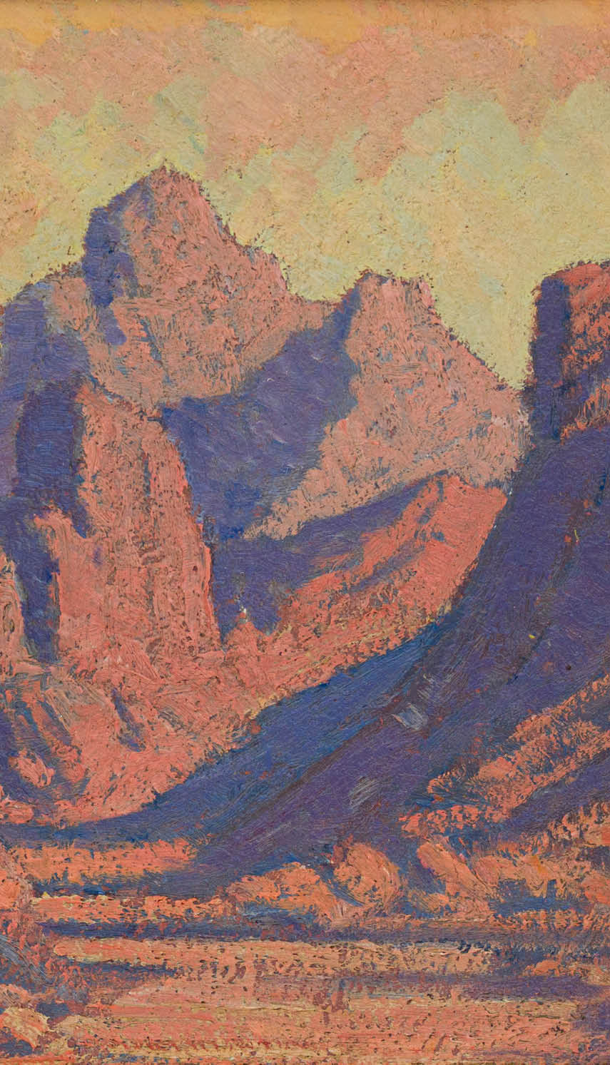 A painting of a mountain range with a blue sky. Description generated by AI