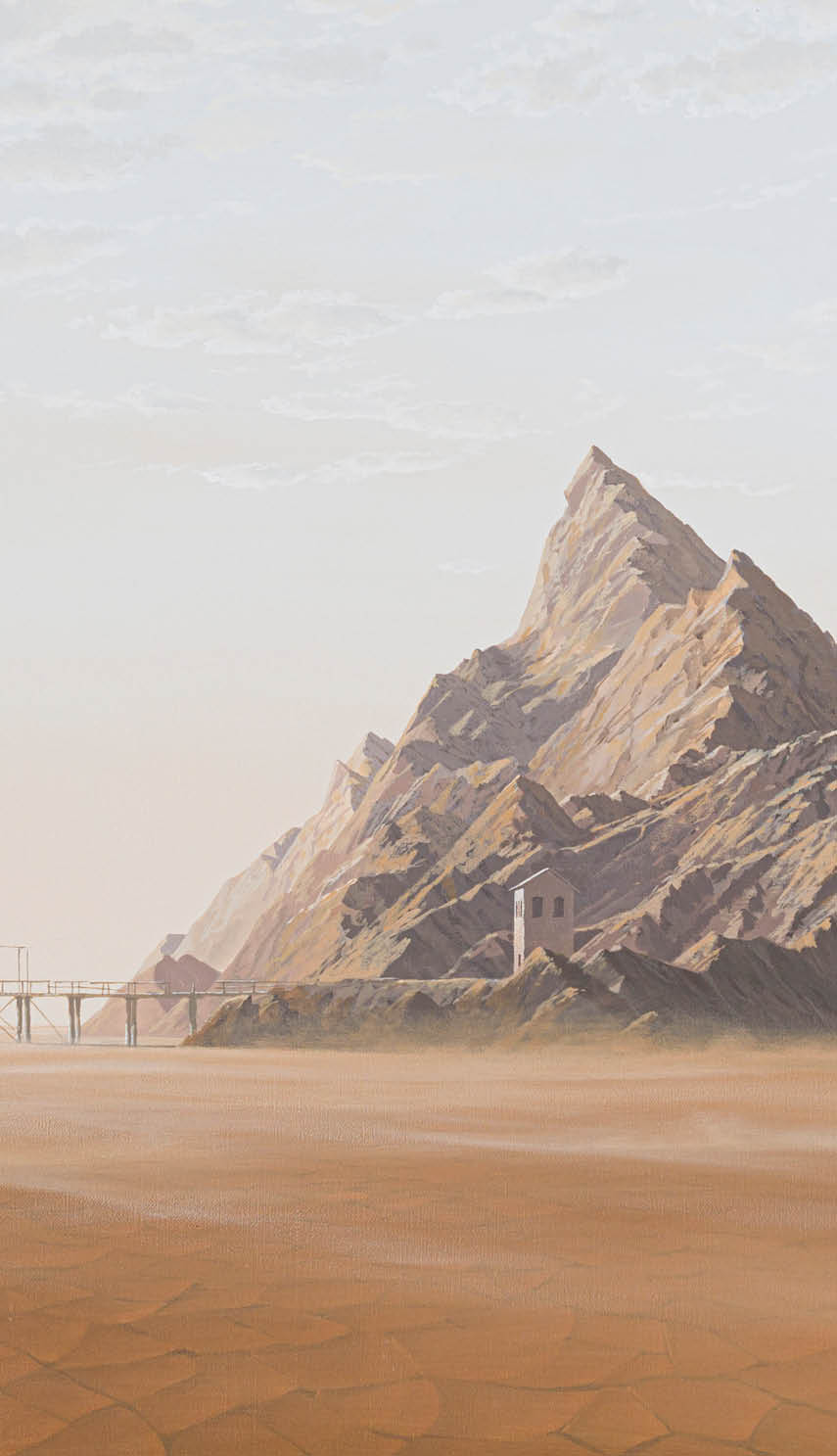 A mountain with a rocky peak and a small building in front of it. Description generated by AI