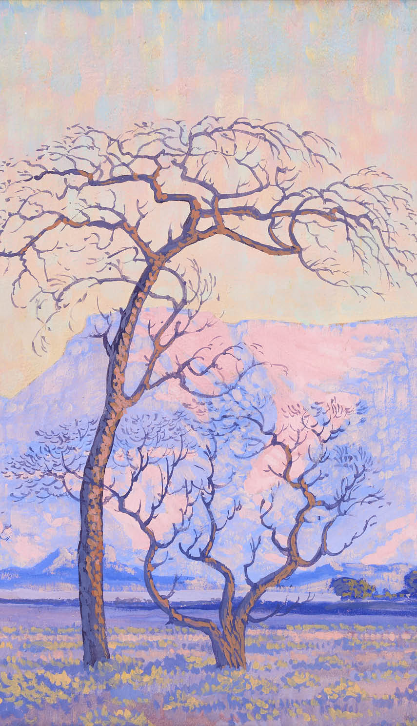 A painting of a mountain with trees and a blue sky. Description generated by AI