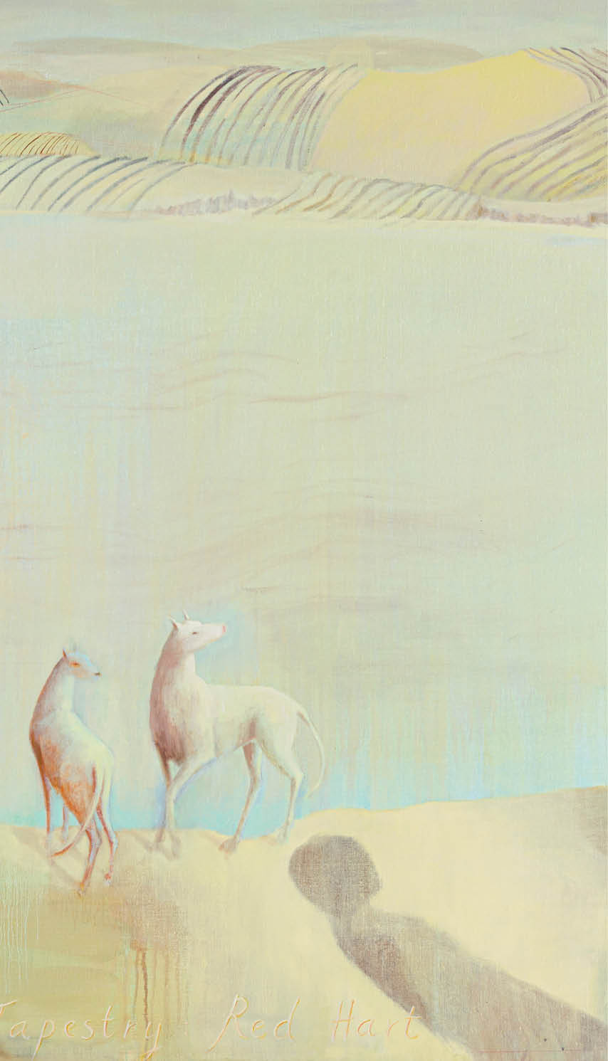 A painting of a man standing on a hill overlooking a body of water with several sheep and a dog. Description generated by AI
