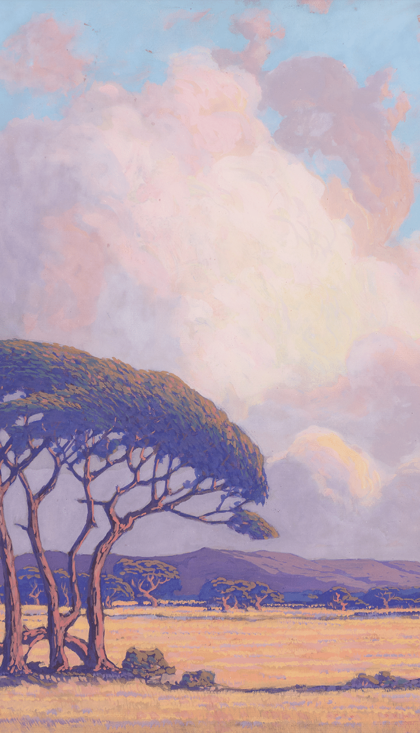 A painting of a field with three trees and a cloudy sky. Description generated by AI