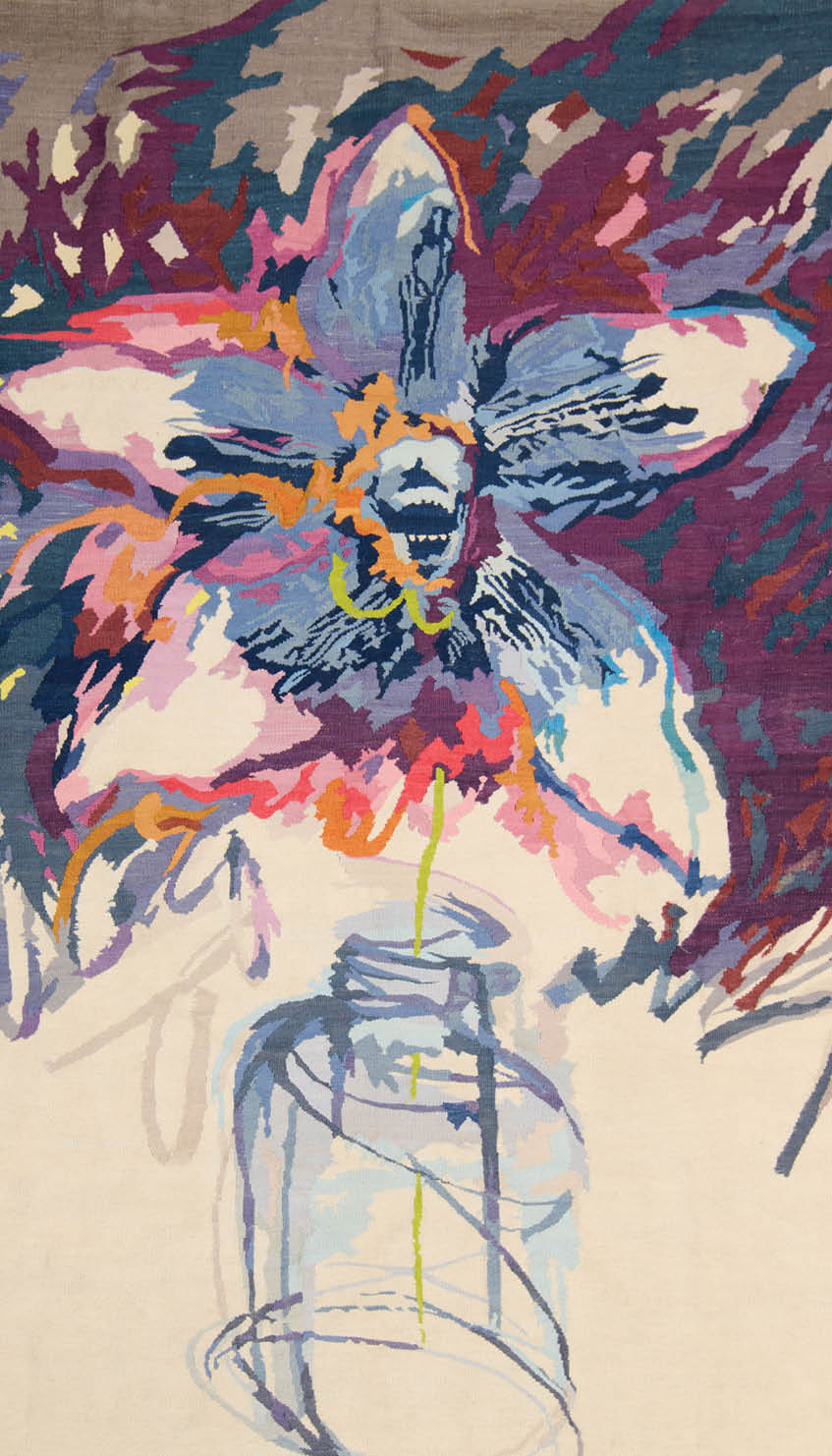 A painting of a flower in a vase. Description generated by AI