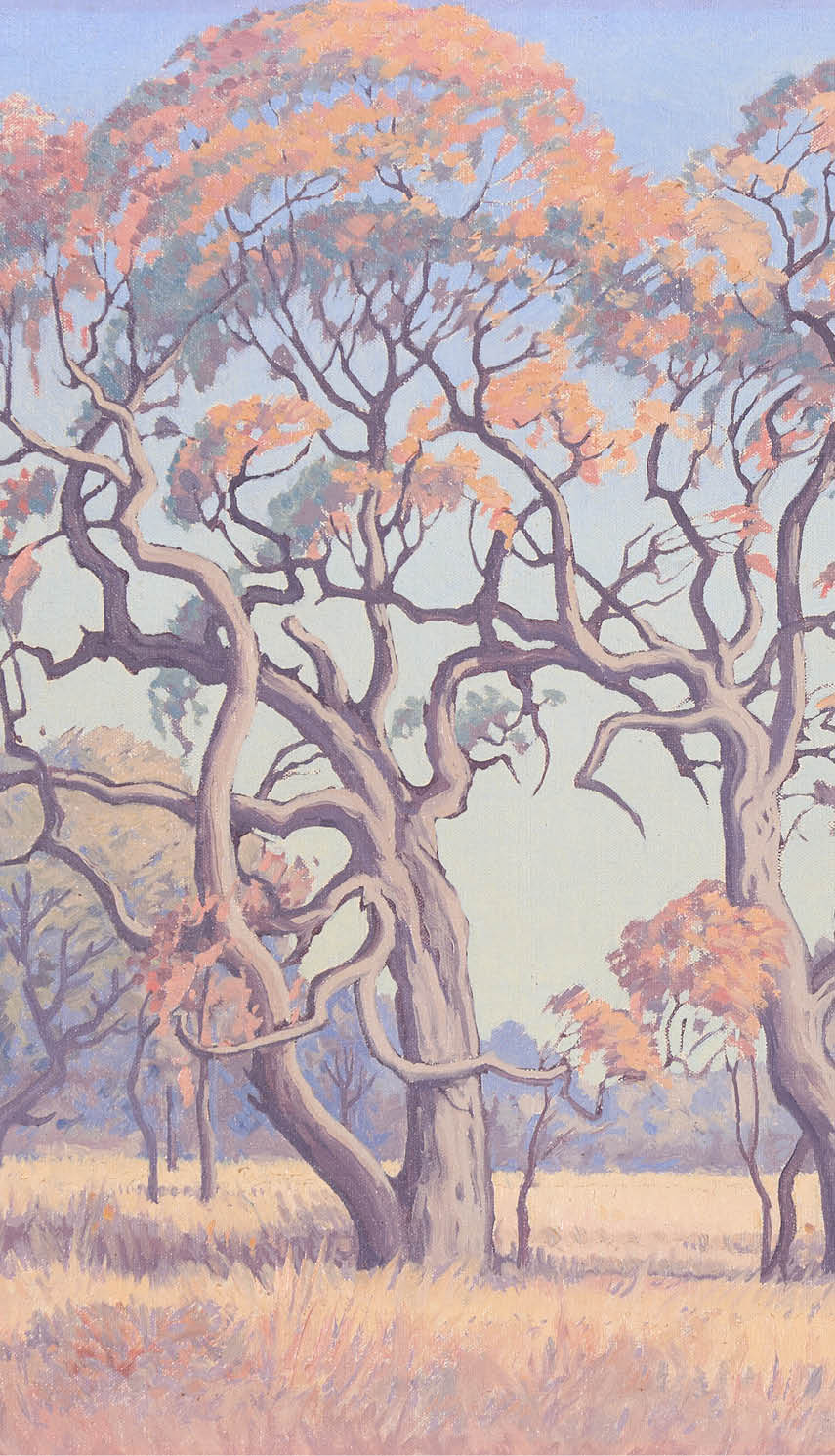 A painting of a field with trees and a blue sky. Description generated by AI