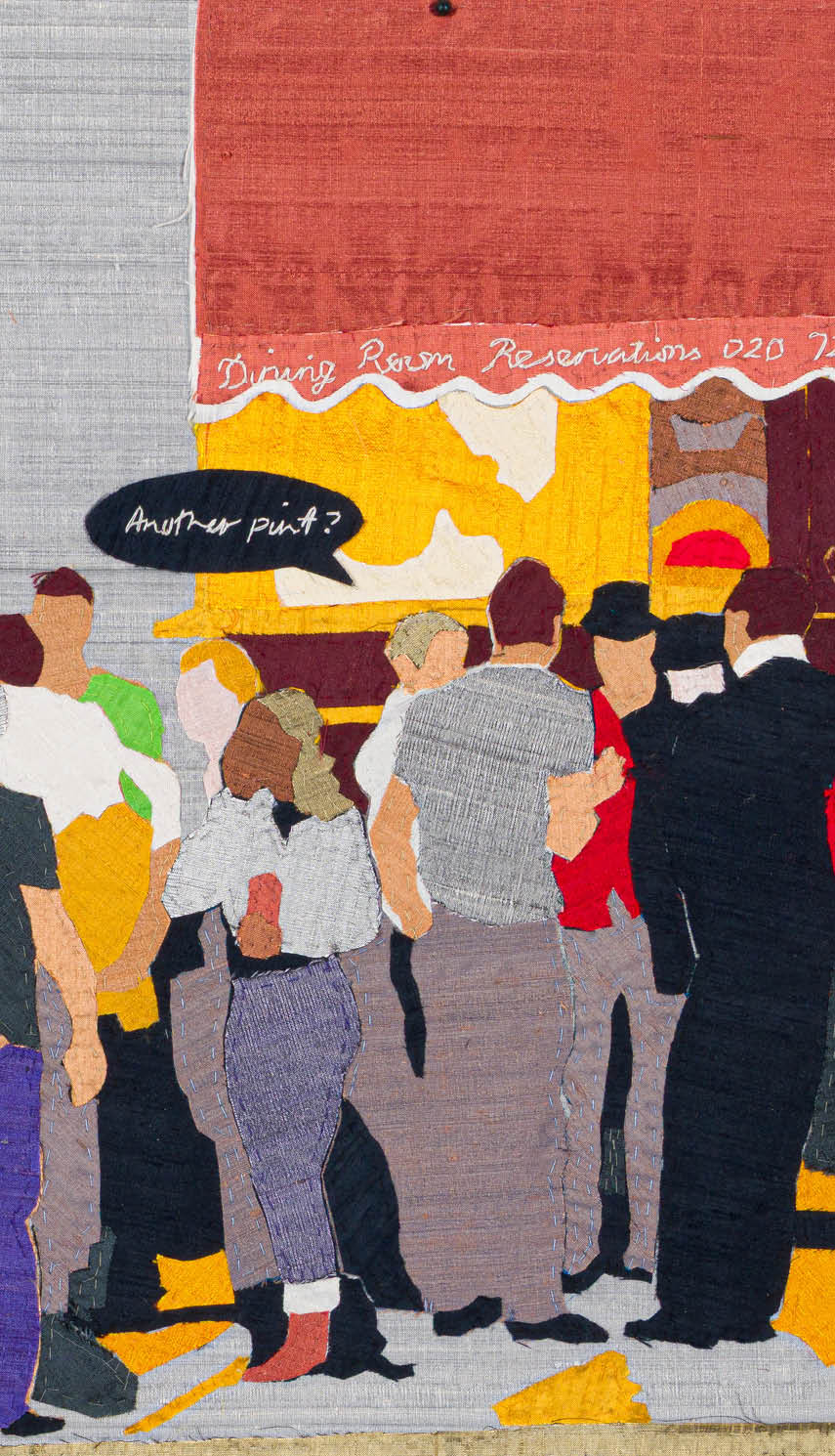 A painting of a street scene with people and cars. Description generated by AI