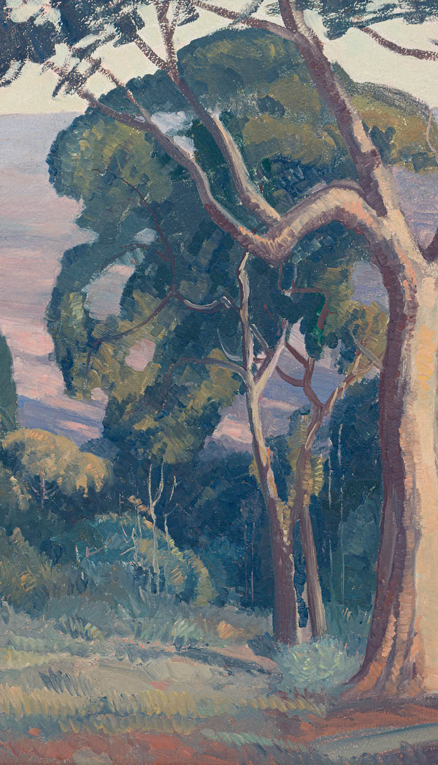 A painting of a forest with trees and a mountain in the background. Description generated by AI