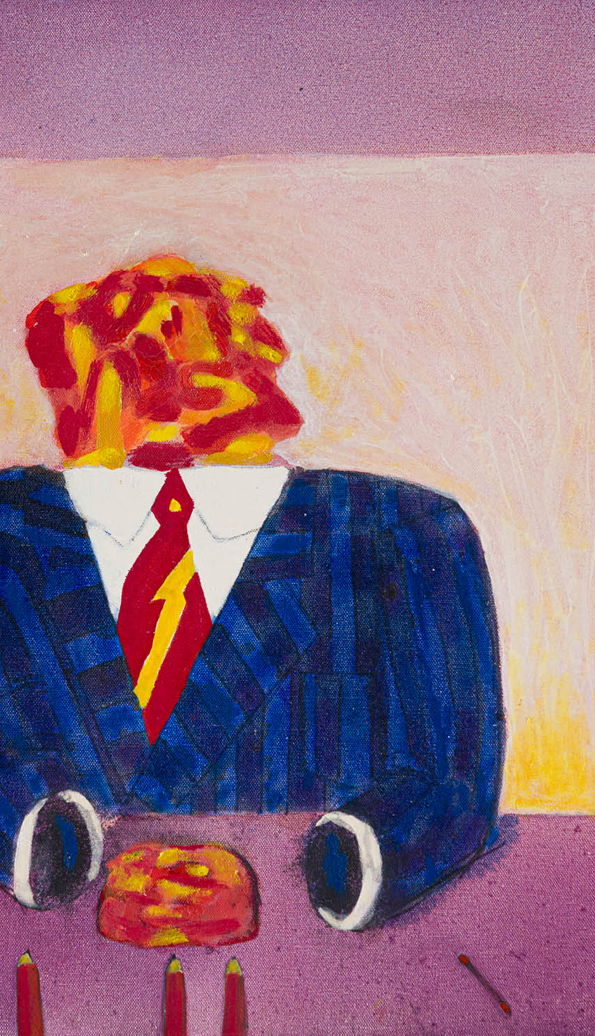 A man in a suit is sitting at a desk with a phone and a red tie. Description generated by AI