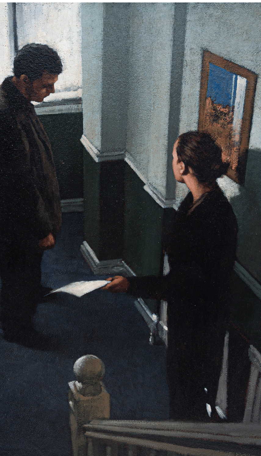 A man and a woman standing in a hallway. Description generated by AI