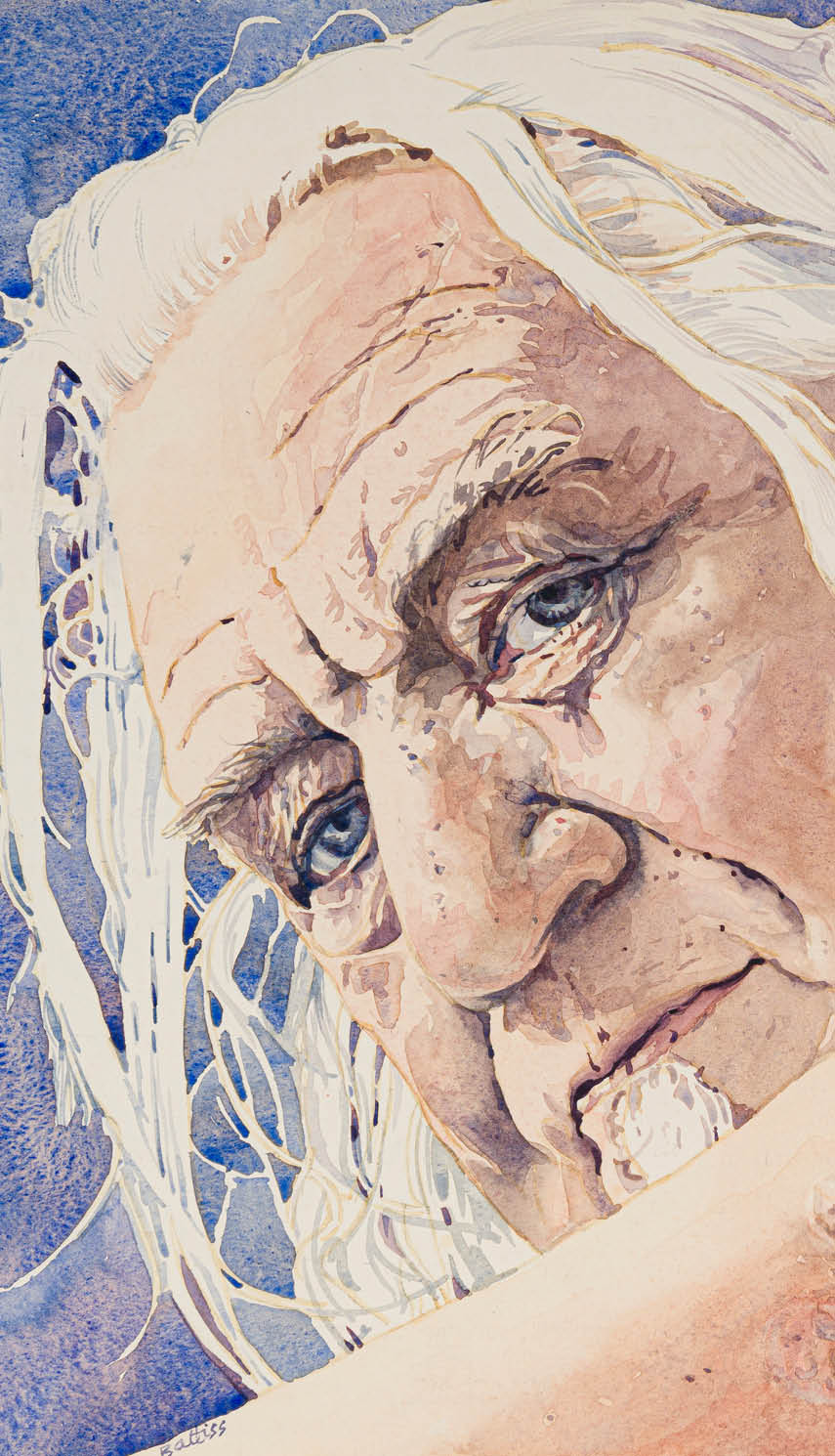 A painting of a man with white hair and a beard. Description generated by AI