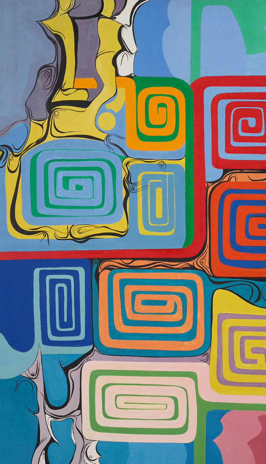A painting of a colorful pattern with a blue background. Description generated by AI