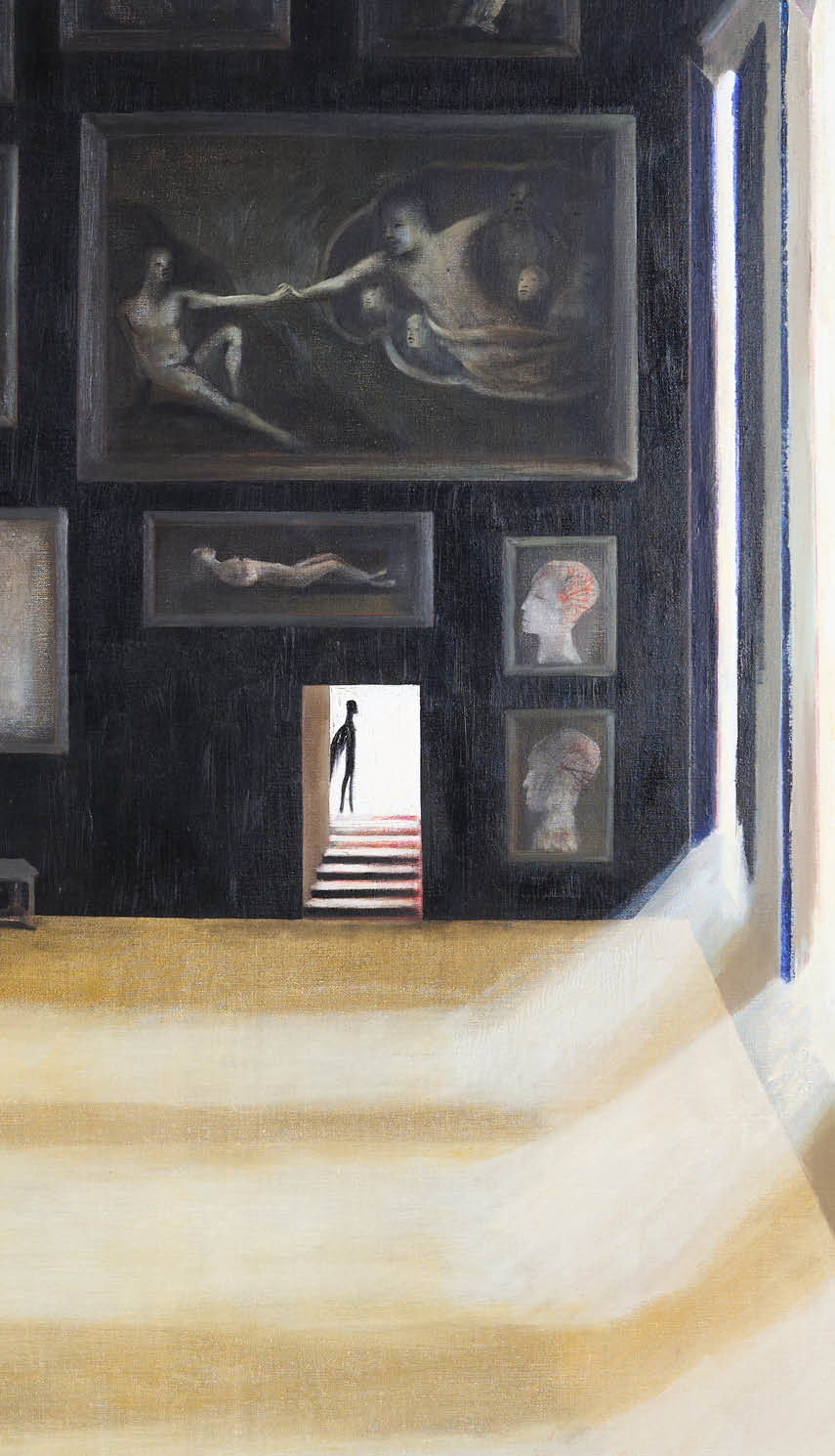 A painting of a man in a black room. Description generated by AI