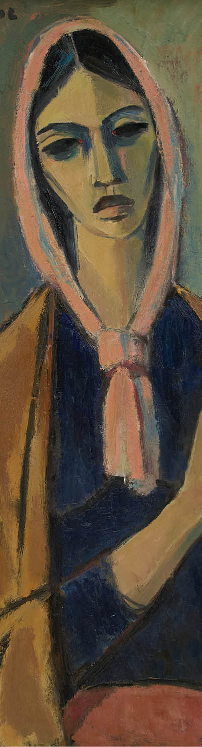 A woman wearing a blue and pink scarf. Description generated by AI