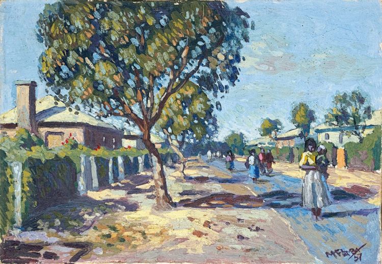 【S12号】good blue(portrait_s) 原画 oil paint Street Scene, Township by George Milwa Mnyaluza Pemba | Strauss & Co