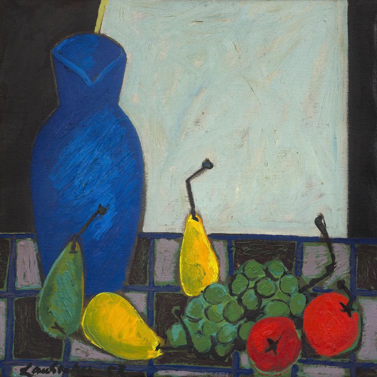 Erik Laubscher; Still Life with Fruit and a Blue Jug