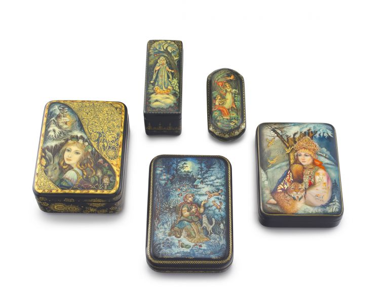 Five lacquered papier-mâché boxes, Fedoskino workshop, Russia, 20th century