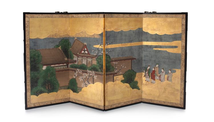 A Japanese painted four-panel folding screen, Edo period, 1615-1868, early 19th century