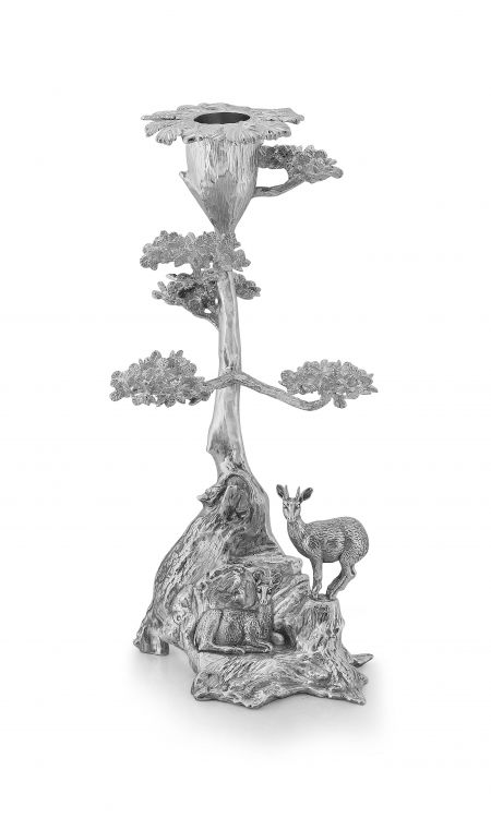 A silver cast 'Root Tree & Klipspringer' candle holder, Patrick Mavros, Harare, 2000