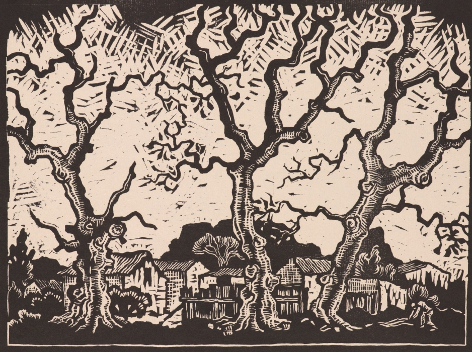 Gregoire Boonzaier; Three Oaks with Houses