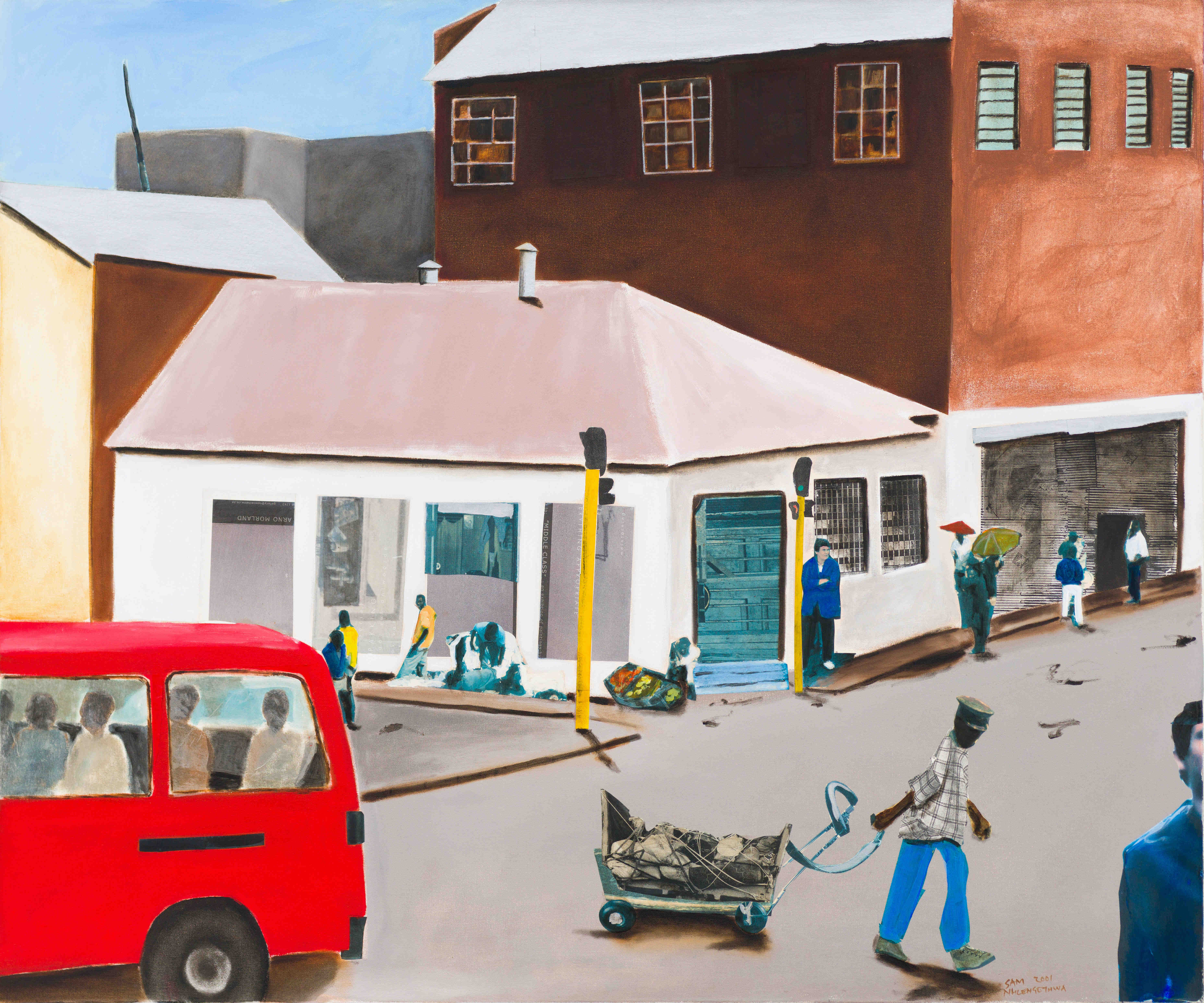 Sam Nhlengethwa; Street Scene with Red Taxi