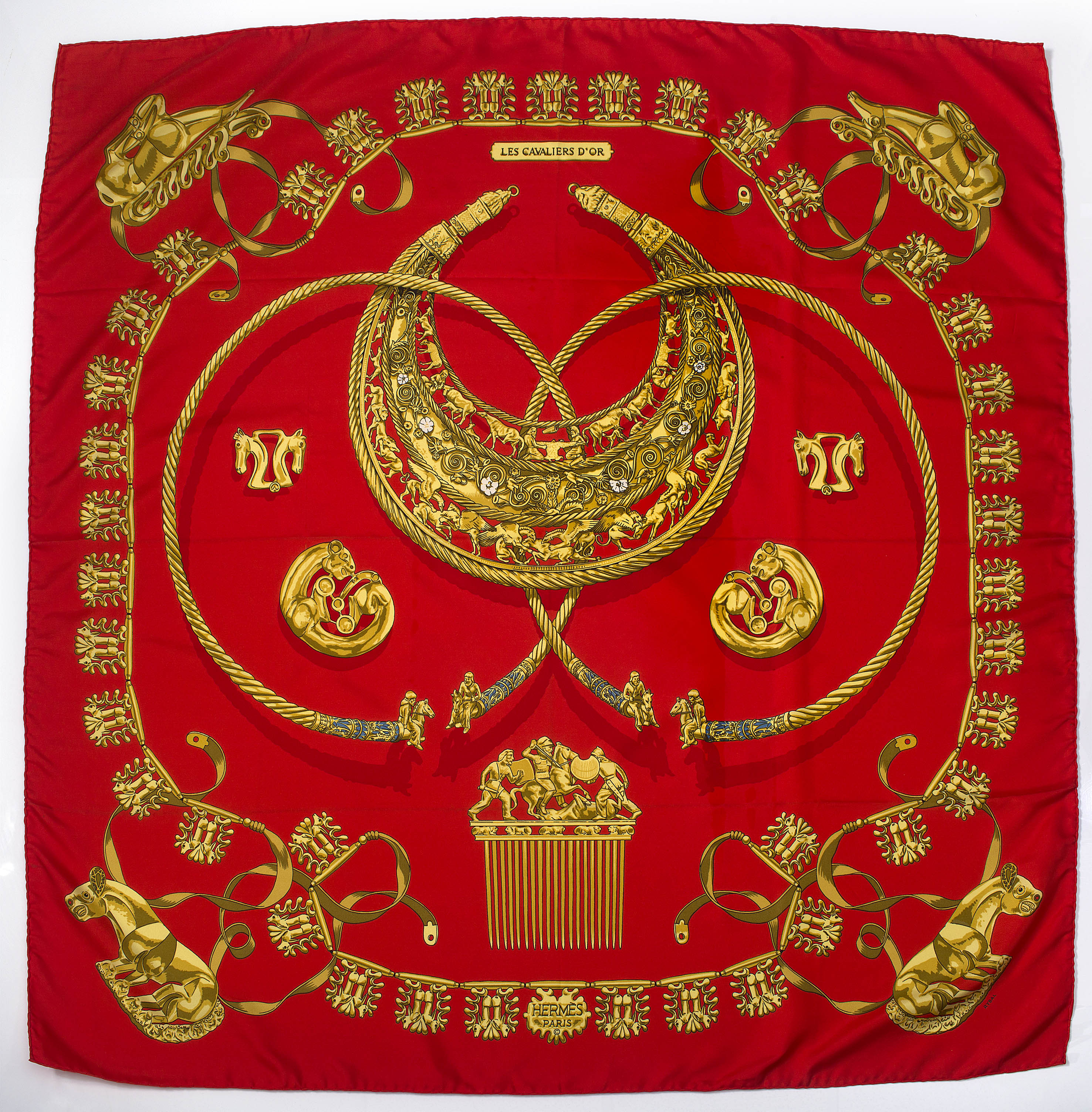 Red Hermes Les Cavaliers d'Or Silk Scarf