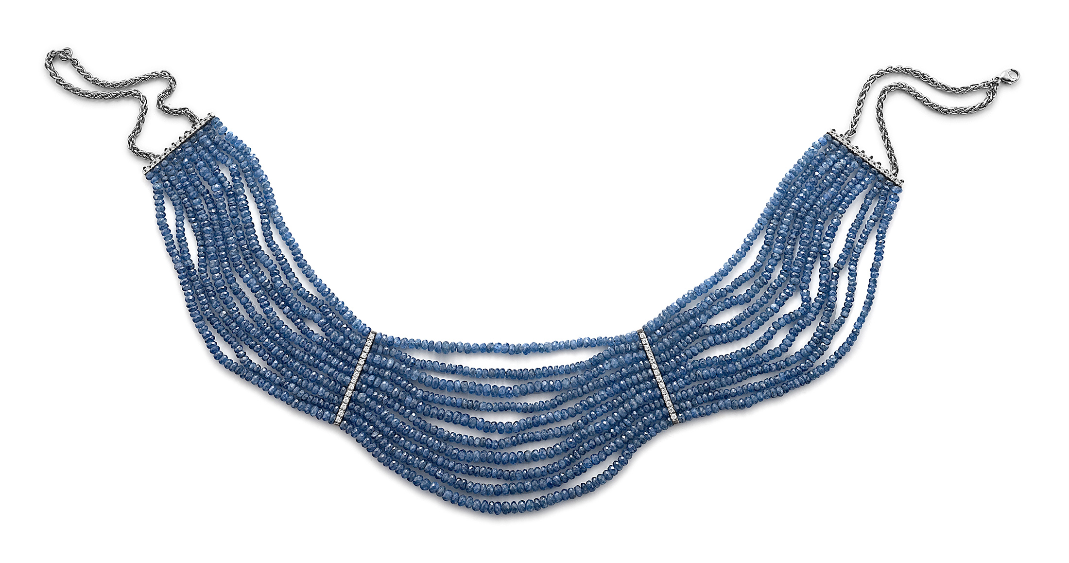 Blue sapphire bead and diamond collar