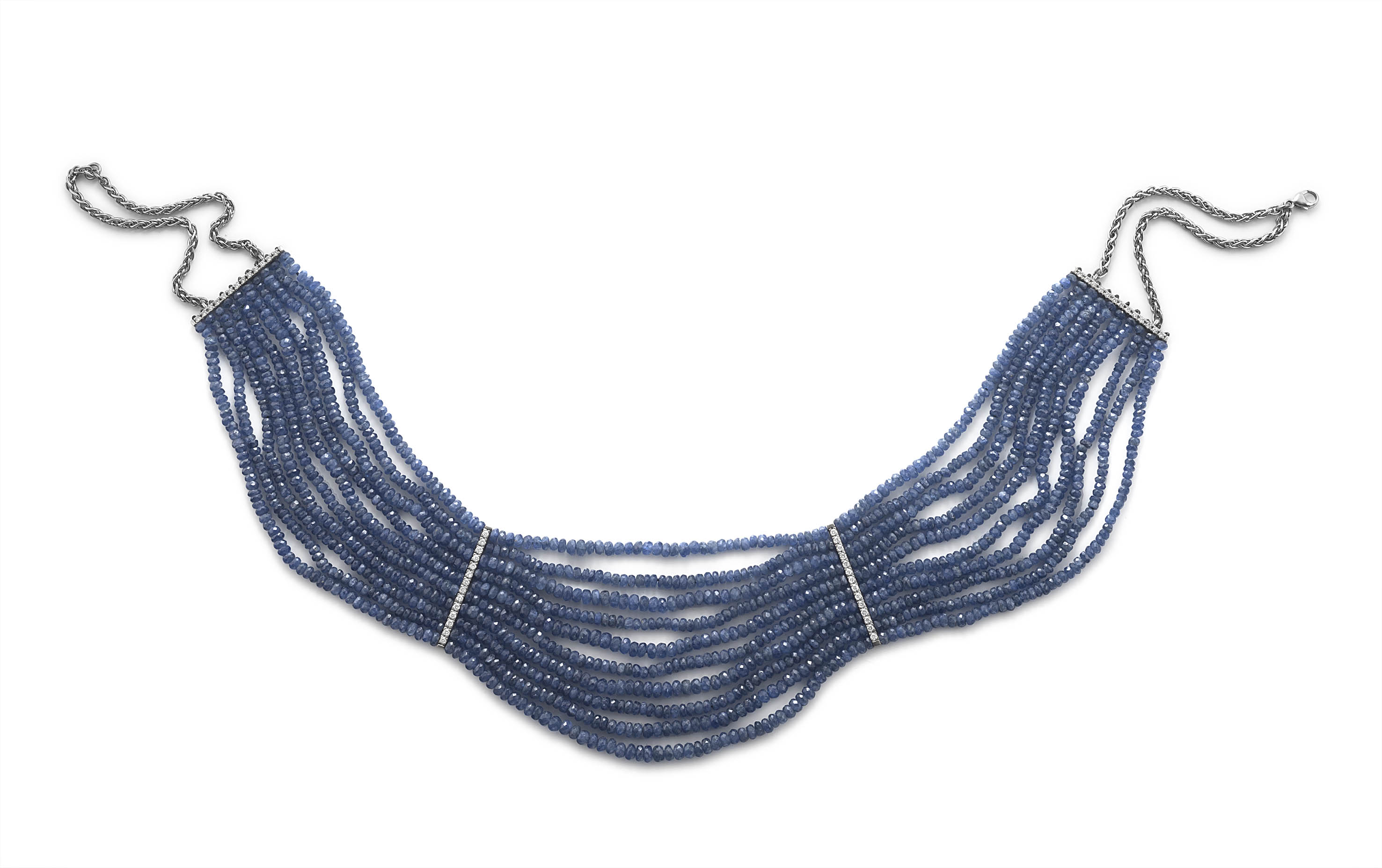 Blue sapphire bead and diamond collar