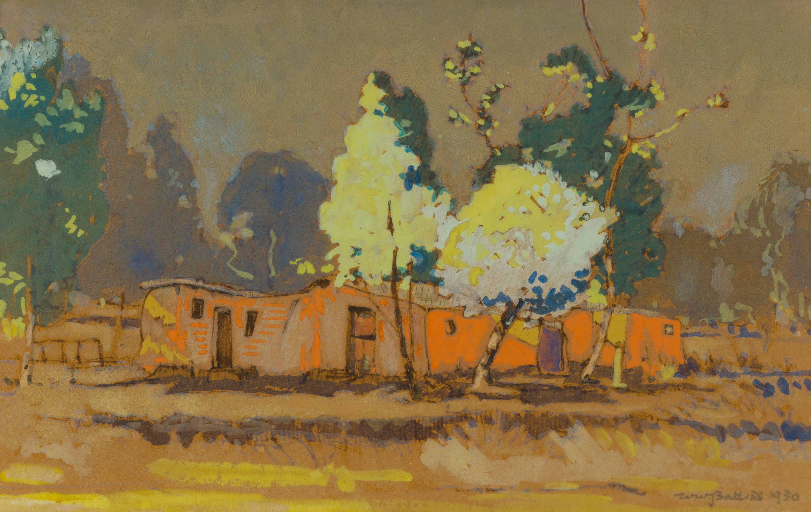 Walter Battiss; Cottages with Flowering Trees