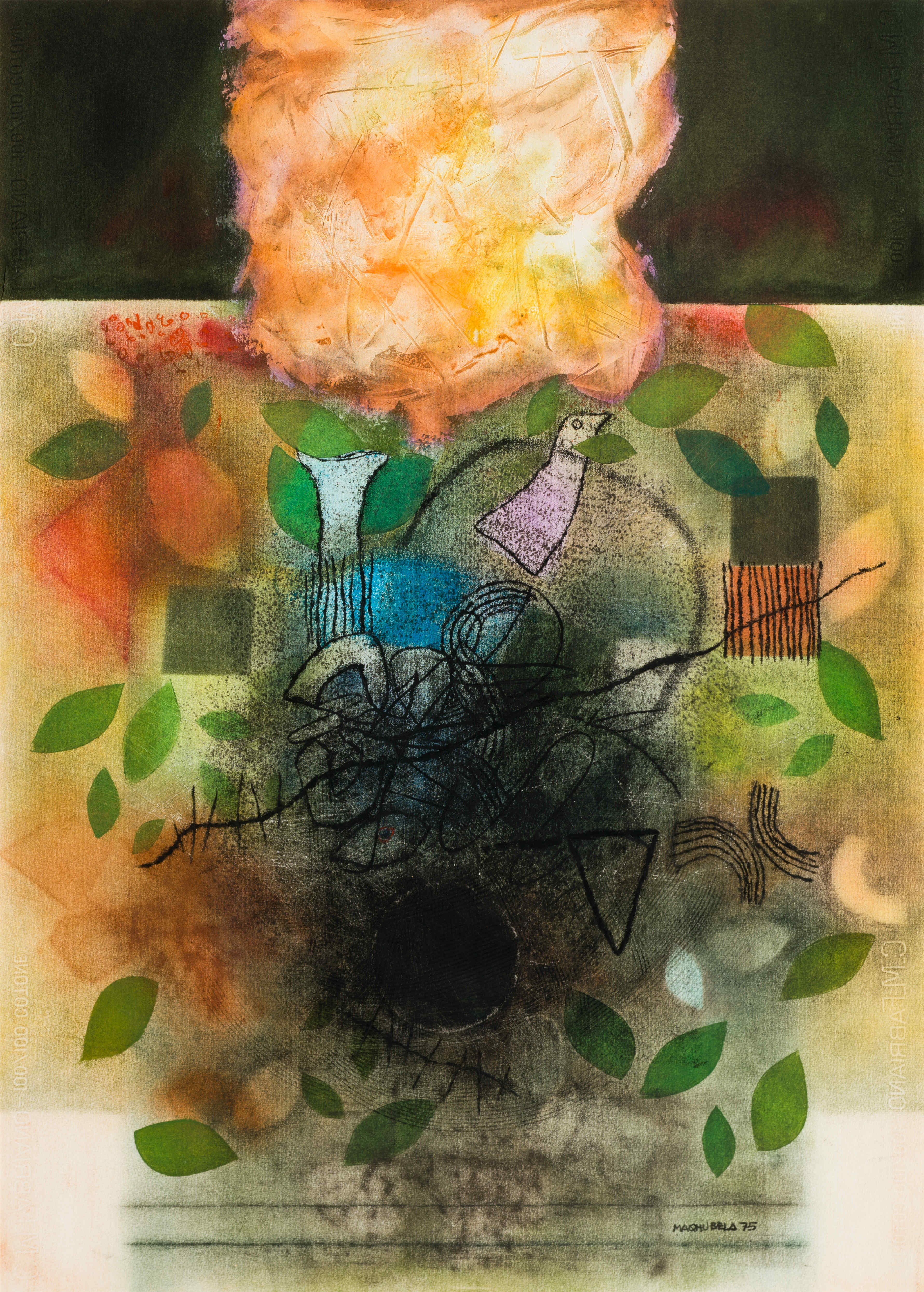 Louis Maqhubela; Abstract with Bird and Leaves