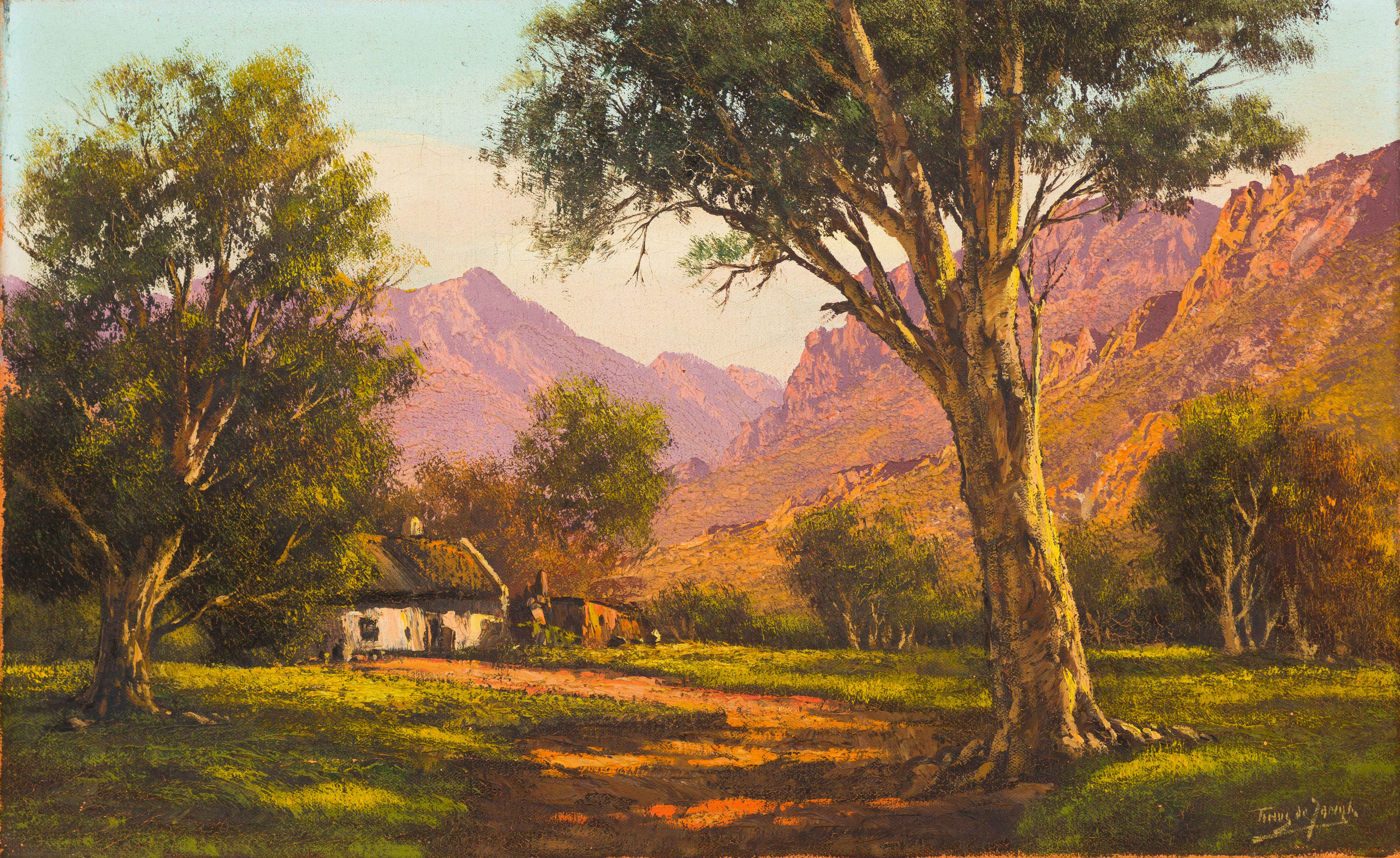 Tinus de Jongh; Landscape with Cottage and Mountains